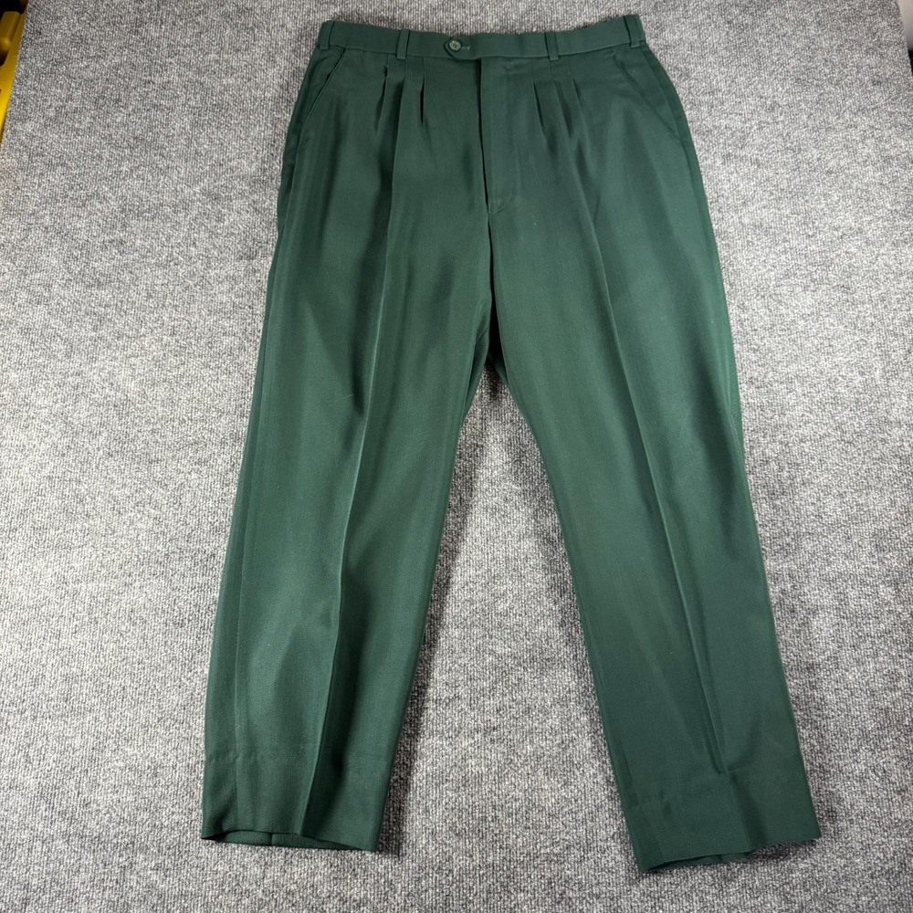 Pronti Dress Pants Mens 34x27 Green Pleated Front Business Trousers